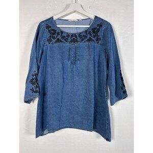 Soft Surroundings Womens Denim Blue Black Embroidered 3/4 Sleeve Tunic Top Small